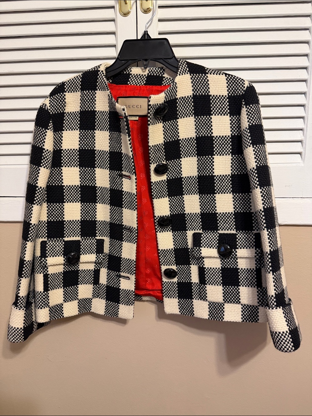 Gucci Black & Cream Check Cropped Wool Blazer with Red Lining